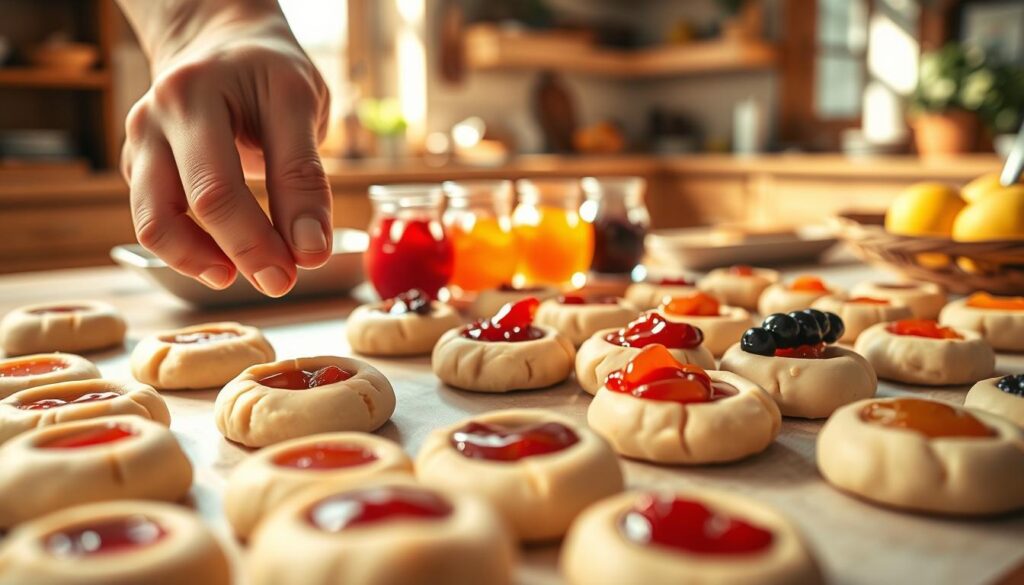 A delightful step-by-step process of baking thumbprint cookies. In the foreground, a pair of skilled hands carefully pressing a thumbprint into the center of freshly rolled dough balls. The middle ground showcases an array of vibrant fruit preserves, ready to be dolloped into the indentations. In the background, a warm, rustic kitchen with sunlight streaming through the windows, casting a cozy glow over the scene. The lighting is soft and natural, accentuating the tactile textures of the ingredients. The camera angle is slightly elevated, providing an inviting, birds-eye view of the baking process. The overall mood is one of homey, comforting charm, perfectly suited to illustrate the "Step-by-Step Thumbprint Cookie Recipe". A delightful step-by-step process of baking thumbprint cookies. In the foreground, a pair of skilled hands carefully pressing a thumbprint into the center of freshly rolled dough balls. The middle ground showcases an array of vibrant fruit preserves, ready to be dolloped into the indentations. In the background, a warm, rustic kitchen with sunlight streaming through the windows, casting a cozy glow over the scene. The lighting is soft and natural, accentuating the tactile textures of the ingredients. The camera angle is slightly elevated, providing an inviting, birds-eye view of the baking process. The overall mood is one of homey, comforting charm, perfectly suited to illustrate the "Step-by-Step Thumbprint Cookie Recipe".