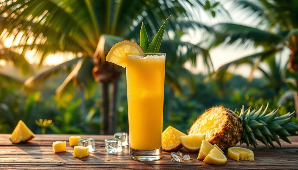 A freshly blended tropical beverage, vibrant and full of life. In the foreground, a tall glass brimming with a luscious golden-yellow liquid, garnished with a slice of lemon and a sprig of fresh pineapple leaves. The middle ground features a rustic wooden table, with scattered pineapple chunks, lemon wedges, and ice cubes, creating a natural and organic composition. The background is a verdant tropical landscape, with swaying palm trees, lush foliage, and a warm, golden-hour lighting that casts a soft, dreamy glow over the entire scene. The mood is one of refreshment, rejuvenation, and a sense of being transported to a tranquil island oasis.