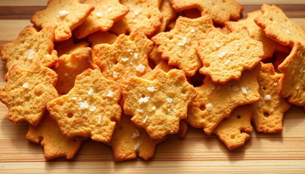 A golden-brown array of crunchy sourdough discard crackers, freshly baked and lightly dusted with coarse sea salt. The irregular shapes and textured surfaces create an artisanal, homemade appearance. The crackers are arranged on a simple, rustic wooden cutting board, set against a bright, airy background that highlights their savory appeal. Soft, natural lighting casts gentle shadows, emphasizing the depth and dimension of each cracker. The overall scene conveys a sense of simple, wholesome satisfaction - a delectable way to repurpose sourdough discard into a satisfying snack or appetizer.