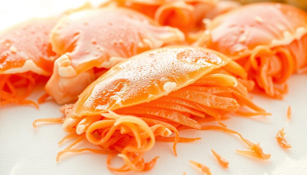 A high-quality close-up image of a selection of fresh, juicy crab meat arranged neatly on a clean, white surface. The crab meat is presented in various shades of vibrant orange and pink, glistening under warm, natural lighting. The texture of the crab meat is clearly visible, with individual strands and flakes meticulously captured. The composition is balanced, with the crab meat taking up the majority of the frame, allowing the viewer to appreciate the quality and freshness of the ingredients. The image conveys a sense of culinary expertise and an appreciation for the natural beauty of this seafood delicacy.
