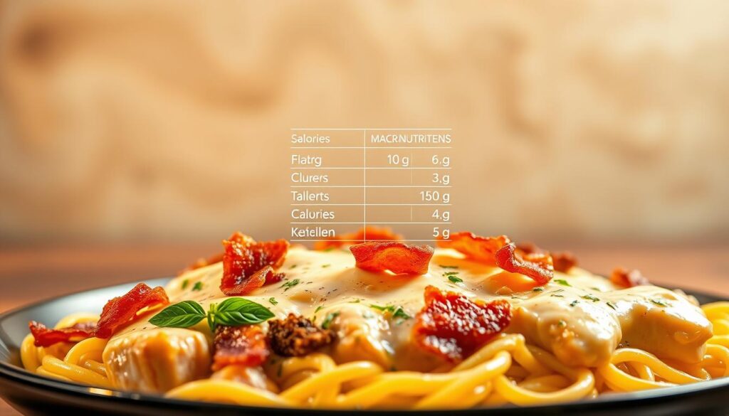 A high-resolution image depicting the nutritional overview of a traditional chicken carbonara dish. The foreground showcases the dish itself, featuring chicken breast, crispy bacon, and a creamy, cheese-based sauce. In the middle ground, a detailed breakdown of the dish's macronutrients, calories, and nutritional values is presented in a clean, infographic-style layout. The background features a neutral, warm-toned setting, with subtle textures and lighting to create a professional, educational atmosphere. The overall composition is balanced, with a focus on clearly communicating the essential nutritional information about this classic Italian pasta dish.