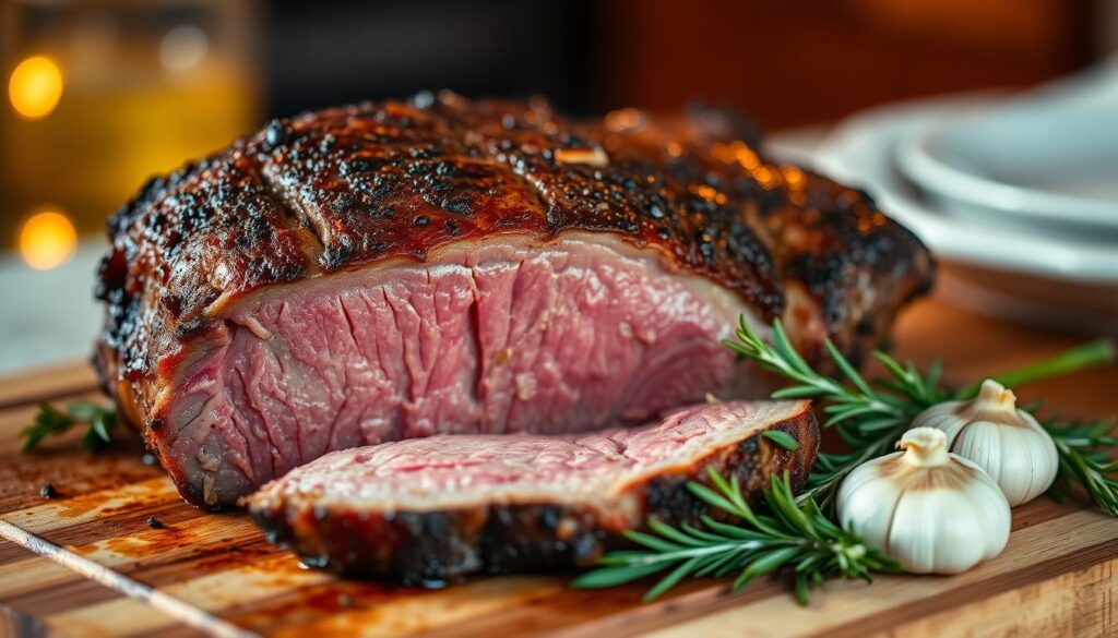 A juicy and tender chuck roast, perfectly seared with a crisp outer crust, resting on a wooden cutting board. The meat is sliced to reveal its succulent, pink interior, accompanied by fresh rosemary sprigs and a few whole garlic cloves. The scene is bathed in warm, golden lighting, creating a cozy and inviting atmosphere. The background is softly blurred, allowing the focus to remain on the mouthwatering roast, ready to be savored as part of a delectable home-cooked meal.