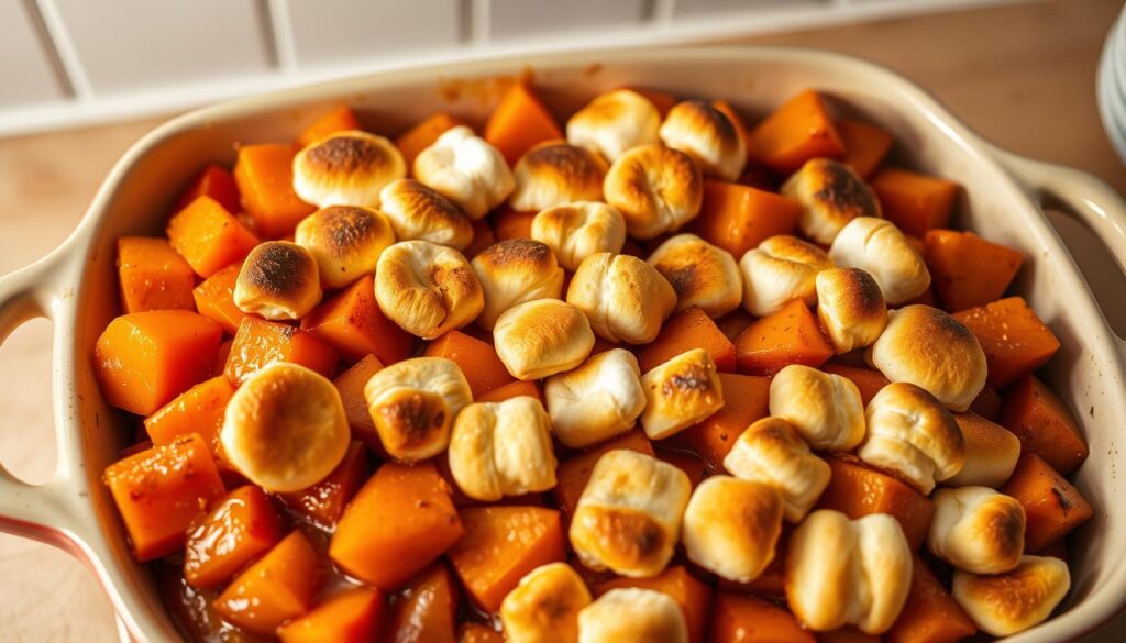A large ceramic baking dish filled with sweet, tender candied yams. The yams are cooked to a rich, caramelized golden-brown hue, glistening with a sticky, syrupy glaze. Fragrant vanilla, cinnamon, and brown sugar permeate the dish, creating a warm, inviting aroma. The yams are neatly arranged in an overlapping pattern, topped with toasted marshmallows that have been browned to a perfect crisp. Soft, diffused lighting from above casts a cozy glow over the scene, highlighting the textural details of the dish. The background is a simple, muted kitchen setting, allowing the stunning candied yams to take center stage.