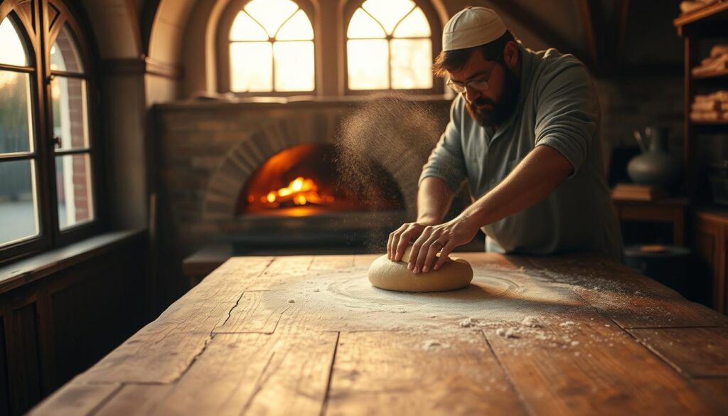 A large, traditional wooden table, the surface worn with time, dominates the frame. Atop the table, a skilled baker kneads a supple dough, rolling and shaping it with practiced hands. Strands of flour dust the air, catching the warm, golden light that filters in through large, arched windows. In the background, a brick oven radiates heat, its door slightly ajar, revealing the glow of embers within. The atmosphere is one of timeless craftsmanship, where the rhythm of the baker's movements and the scent of freshly baked bread create a sense of reverence for the time-honored tradition of Jewish bagel making.