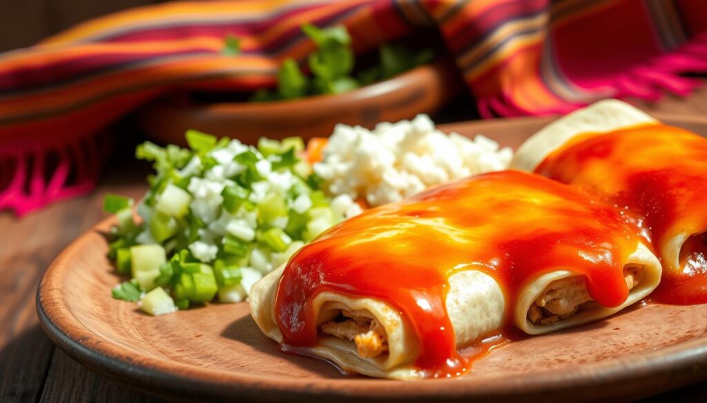 A lavish display of traditional Mexican enchiladas, their vibrant red sauce glistening under warm, natural lighting. In the foreground, three enchiladas rest on a rustic ceramic plate, their corn tortillas lovingly rolled around a savory chicken filling. The middle ground features an array of freshly chopped garnishes, including diced onions, shredded lettuce, and a sprinkle of crumbled queso fresco. In the background, a wooden table sets the scene, complemented by a vibrant, hand-woven Mexican textile draped across the surface. The overall atmosphere evokes the rich cultural heritage and authentic flavors of Mexico's culinary tradition.