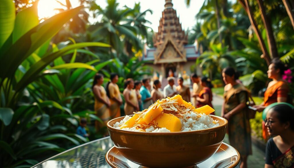 A lush tropical garden in Thailand, with vibrant green foliage and the sun casting a warm, golden glow. In the foreground, a table is set with a steaming bowl of mango sticky rice, garnished with fresh mango slices, toasted coconut flakes, and a sprinkle of golden syrup. In the middle ground, a group of Thai people, dressed in traditional attire, gather around the table, sharing the beloved dessert and engaged in lively conversation. In the background, a magnificent Buddhist temple stands tall, its intricate architecture a testament to the rich cultural heritage of Thailand. The scene evokes a sense of community, tradition, and the deep significance of this iconic Thai dish.