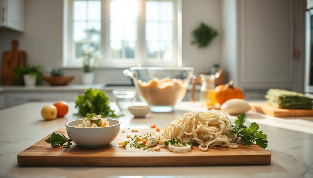 A meticulously styled and well-lit kitchen counter showcases an array of sourdough discard recipes in various stages of preparation. In the foreground, a cutting board displays sliced vegetables, herbs, and a small bowl of sourdough discard. In the middle ground, a mixing bowl holds a partially mixed batter, surrounded by measuring cups and spoons. The background features a minimalist, bright, and airy space with natural light streaming in through large windows, casting a warm glow over the scene. The overall atmosphere conveys a sense of culinary exploration and the delicious possibilities of repurposing sourdough discard.