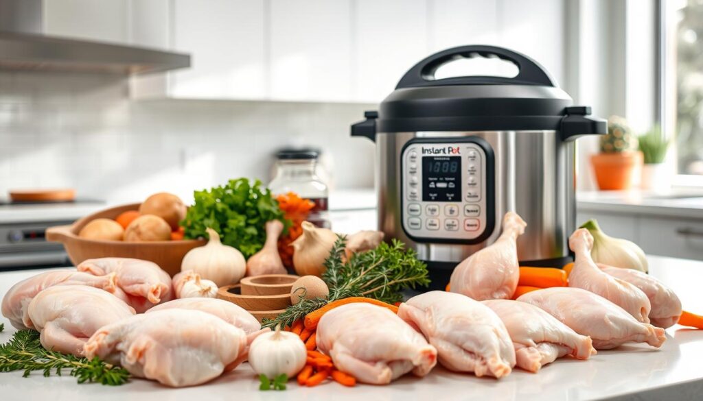 A modern, well-lit kitchen counter showcases an Instant Pot surrounded by a variety of fresh chicken ingredients. In the foreground, a selection of chicken breasts, thighs, and drumsticks are neatly arranged. In the middle ground, an assortment of aromatic herbs, spices, and vegetables, such as garlic, onions, and carrots, are displayed. The background features a clean, minimalist design, with a bright, airy atmosphere created by natural lighting streaming in through large windows. The overall scene conveys a sense of ease and simplicity, highlighting the convenience and versatility of using an Instant Pot to prepare delicious and wholesome chicken dishes for the whole family.