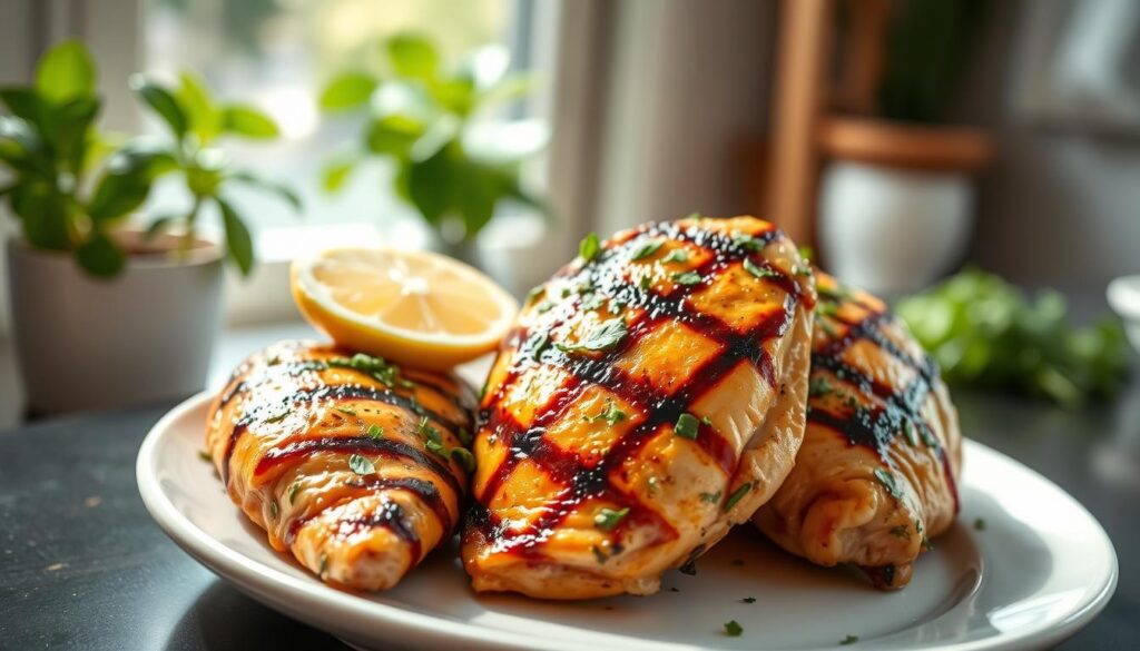 A mouthwatering close-up of three juicy, grilled chicken breasts, seasoned with a vibrant blend of fresh herbs, garlic, and a squeeze of lemon. The chicken is arranged on a modern, minimalist white plate, against a soft, blurred background of verdant greens and sunlight filtering through a kitchen window. The lighting is warm and natural, casting gentle shadows that accentuate the succulent texture of the meat. The overall composition conveys a sense of simplicity, health, and effortless home-cooking.
