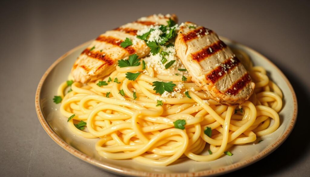 A mouthwatering plate of fresh fettuccine noodles, coated in a rich and creamy Alfredo sauce, topped with tender, juicy grilled chicken breasts. The noodles have a perfect al dente texture, glistening with the glossy, buttery sauce. Sprinkled throughout are freshly chopped parsley and a dusting of grated Parmesan cheese, adding a vibrant pop of color and flavor. The lighting is soft and warm, casting a comforting glow on the dish, set against a simple, minimalist background to draw the eye towards the delectable main subject. The overall scene conveys a sense of quick, effortless home-cooked goodness, perfect for a satisfying 30-minute meal.