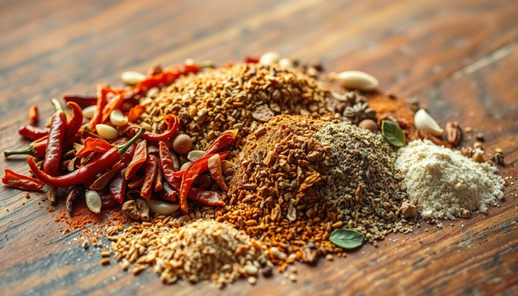 A neatly arranged collection of various chili pepper flakes, cumin seeds, garlic powder, onion powder, oregano, and other dried herbs and spices. The mix is displayed on a rustic wooden surface, illuminated by warm, natural lighting from the side. The foreground showcases the textural details of the individual spice elements, while the middle ground reveals the harmonious blending of the spices. The background is slightly blurred, creating a sense of focus and depth, highlighting the main subject. An overall earthy, homemade atmosphere pervades the scene, inviting the viewer to explore the fundamental building blocks of a delicious chili seasoning blend.