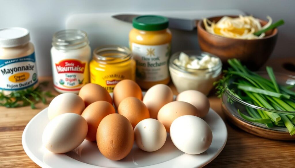 A neatly arranged still life capturing the essential ingredients for a classic New York-style egg salad. In the foreground, a dozen farm-fresh eggs in varying shades of brown and white, nestled on a crisp white plate. In the middle ground, jars of creamy mayonnaise, tangy Dijon mustard, and bright green sprigs of dill. The background features a wooden cutting board, a chef's knife, and a bowl of thinly sliced scallions, adding a pop of color and subtle onion aroma. The lighting is soft and diffused, highlighting the textures and hues of the simple yet flavorful components. The overall mood is one of culinary simplicity and inviting nostalgia.