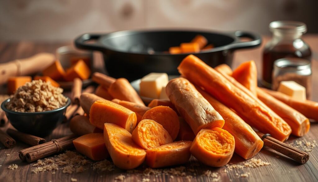 A neatly arranged still life depicting the essential ingredients for the perfect candied yams recipe. In the foreground, a vibrant collection of sweet potatoes, their deep orange hues gleaming under warm, directional lighting. Surrounding them, a scattering of brown sugar, cinnamon sticks, butter pats, and a touch of vanilla extract. In the middle ground, a cast iron skillet or baking dish, hinting at the transformative cooking process to come. The background is softly blurred, drawing the eye to the carefully curated selection of ingredients. The overall mood is one of rustic elegance, inviting the viewer to imagine the delectable flavors and textures of the ultimate candied yams dish.