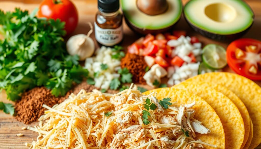 A neatly arranged still life depicting the essential ingredients for the perfect chicken enchiladas. In the foreground, a mix of shredded chicken, corn tortillas, and a blend of melted cheeses. In the middle ground, an assortment of spices and seasonings including cumin, chili powder, garlic, and onions. In the background, a vibrant display of fresh cilantro, diced tomatoes, and sliced avocado. The scene is bathed in warm, natural lighting, captured with a sharp focus and a slightly elevated camera angle to showcase the ingredients in an appetizing manner.
