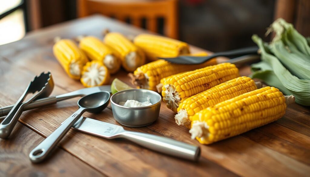 A neatly arranged still life on a rustic wooden table, featuring an assortment of vibrant, freshly grilled street corn and the essential tools needed to prepare this Mexican-style dish. In the foreground, an array of kitchen utensils including tongs, a corn peeler, and a small bowl for garnishes. In the middle ground, several ears of corn, some halved to reveal their golden kernels, alongside a sturdy grill brush and a lime wedge. The background is softly blurred, allowing the tools and ingredients to take center stage under warm, natural lighting, creating a cozy, inviting atmosphere.