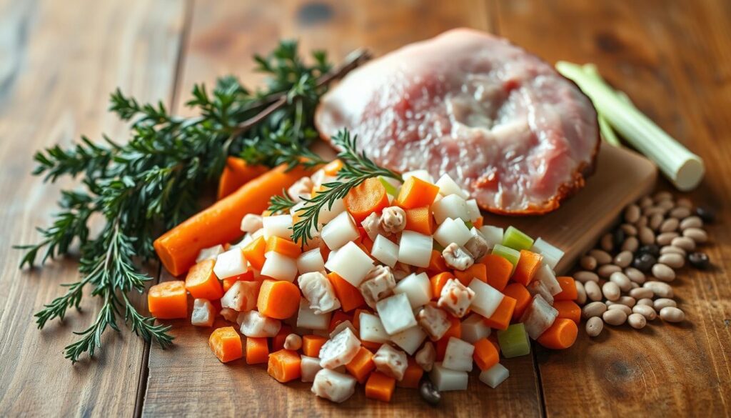 A neatly arranged still life on a rustic wooden table, showcasing the essential ingredients for a classic ham and bean soup. In the foreground, a pile of freshly chopped onions, carrots, and celery, their vibrant colors and textures contrasting with the muted tones of a slab of smoked ham. Surrounding the produce are complementary elements: a bundle of fresh thyme, a handful of dried beans, and a few whole peppercorns. The lighting is warm and natural, casting gentle shadows that accentuate the depth and dimension of the scene. The overall composition has a comforting, homemade feel, inviting the viewer to imagine the aromatic soup simmering on the stove.