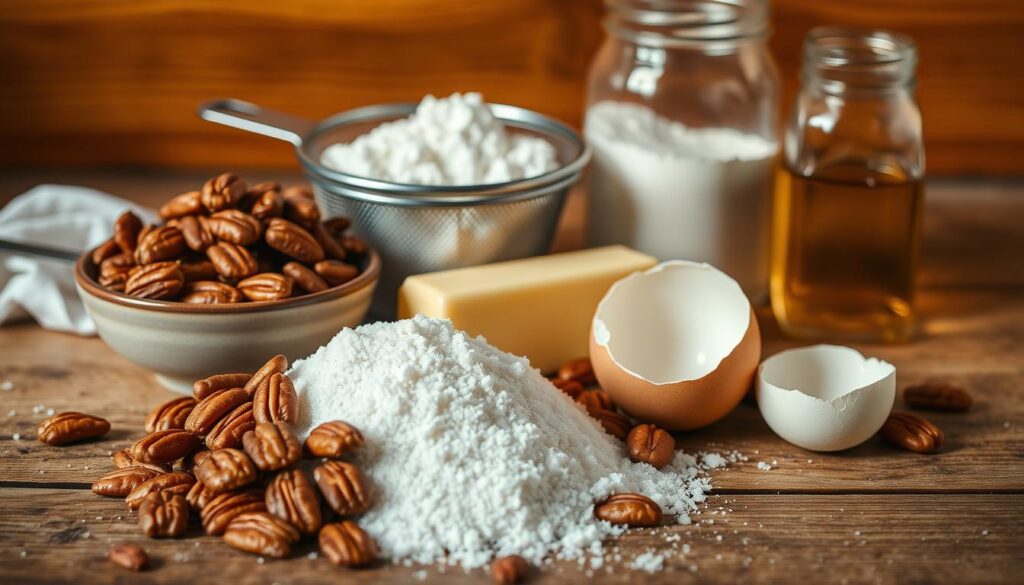 A neatly arranged still life showcasing the essential ingredients for perfect pecan cookies. Arranged on a rustic wooden surface, the frame captures a close-up view of the following items in the foreground: a pile of shelled pecan halves, a bowl of granulated sugar, a stick of butter, and a cracked farm-fresh egg. In the middle ground, a sifter filled with all-purpose flour and a jar of vanilla extract add depth and balance to the composition. The lighting is warm and golden, creating a cozy, inviting atmosphere that accentuates the natural textures and colors of the ingredients. The camera angle is slightly elevated, lending an artisanal, professional-grade feel to the image. A neatly arranged still life showcasing the essential ingredients for perfect pecan cookies. Arranged on a rustic wooden surface, the frame captures a close-up view of the following items in the foreground: a pile of shelled pecan halves, a bowl of granulated sugar, a stick of butter, and a cracked farm-fresh egg. In the middle ground, a sifter filled with all-purpose flour and a jar of vanilla extract add depth and balance to the composition. The lighting is warm and golden, creating a cozy, inviting atmosphere that accentuates the natural textures and colors of the ingredients. The camera angle is slightly elevated, lending an artisanal, professional-grade feel to the image.