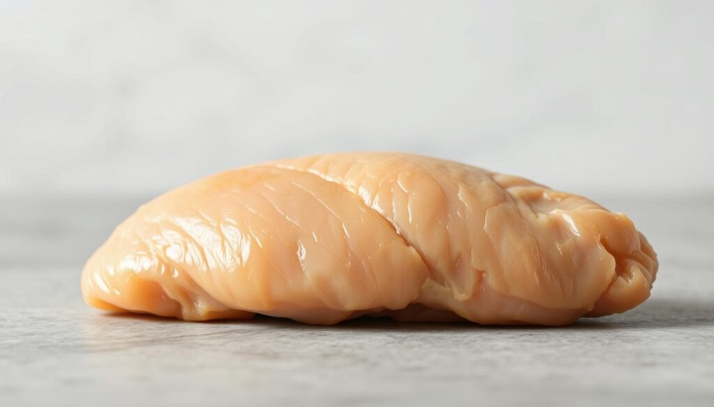 A nourishing chicken breast, meticulously photographed from an angle that highlights its lean, succulent texture. The piece is bathed in soft, natural lighting that accentuates its golden hue and smooth, glistening surface. In the background, a clean, minimalist backdrop of muted grays and whites provides a simple, uncluttered setting, allowing the chicken to take center stage. The image conveys a sense of wholesome goodness, emphasizing the nutritional benefits of this versatile protein source. The viewer is left with a clear understanding of the lean, protein-rich nature of this healthy chicken breast, making it an ideal ingredient for low-calorie, nutritious meals.