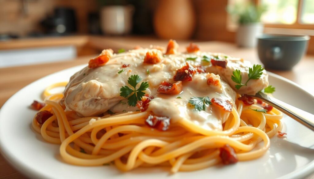 A nourishing homemade chicken carbonara dish, featuring tender chicken breast, al dente spaghetti, a luscious creamy sauce made with reduced-fat milk and Parmesan, garnished with crisp bacon crumbles and fresh parsley. The scene is set in a warm, inviting kitchen, with soft natural lighting filtering through a nearby window, casting a gentle glow on the appealing meal. The composition emphasizes the vibrant colors and textures of the healthful ingredients, conveying a sense of wholesome, satisfying comfort.