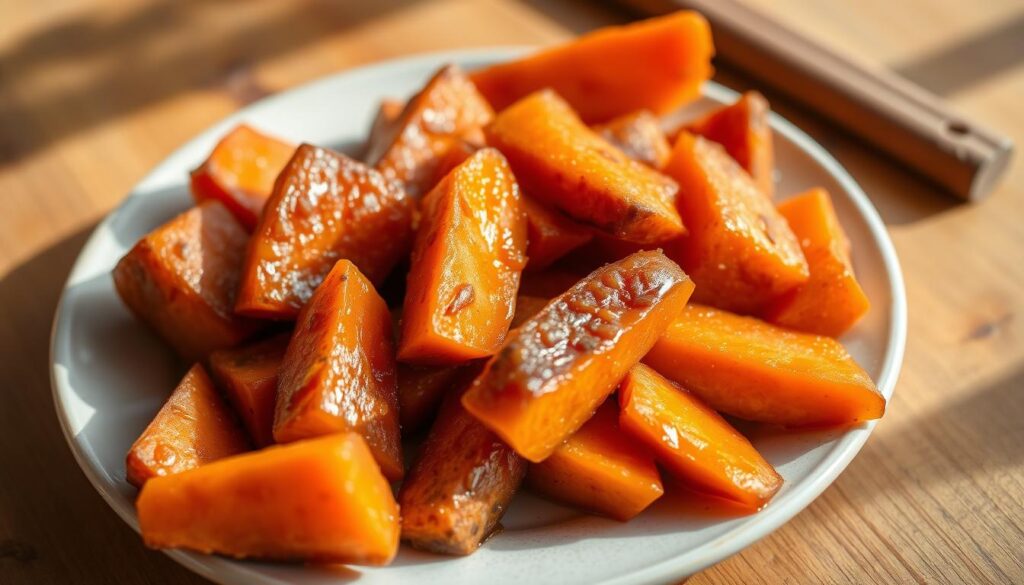 A plate of Southern-style candied yams, freshly baked and glistening with a caramelized glaze. The sweet potato wedges are arranged in a casual, rustic manner, their deep orange hues contrasting beautifully against the warm, wooden table surface. Soft, natural lighting cascades across the dish, casting gentle shadows and highlighting the rich, textural quality of the yams. A subtle hint of cinnamon and brown sugar wafts through the air, creating a comforting, homey atmosphere. This classic Southern comfort side dish is the embodiment of heartwarming, family-style cooking.