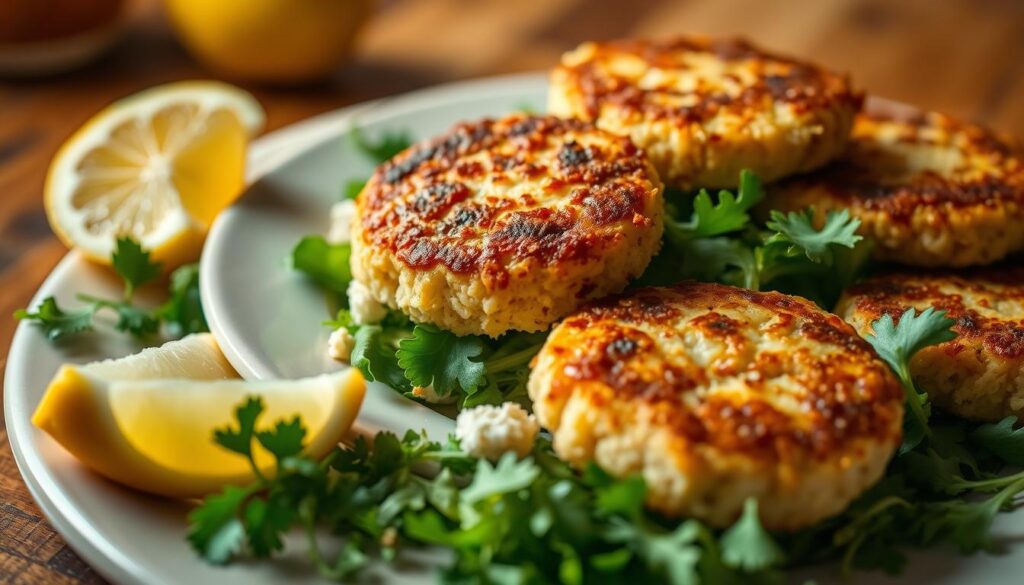 A plate of freshly prepared Maryland-style crab cakes, golden-brown and glistening, resting on a bed of lightly dressed mixed greens. The cakes are made with plump, sweet lump crabmeat, bound together with just enough breadcrumbs and seasoned with a delicate balance of Old Bay, parsley, and a hint of lemon. A wedge of lemon sits nearby, ready to add a bright, citrusy finish. The scene is illuminated by warm, soft lighting, creating a cozy, homey atmosphere that evokes the charm of the Chesapeake Bay region. The image is captured from a slightly elevated angle, showcasing the cakes' tender, flaky interior and crisp, caramelized exterior.
