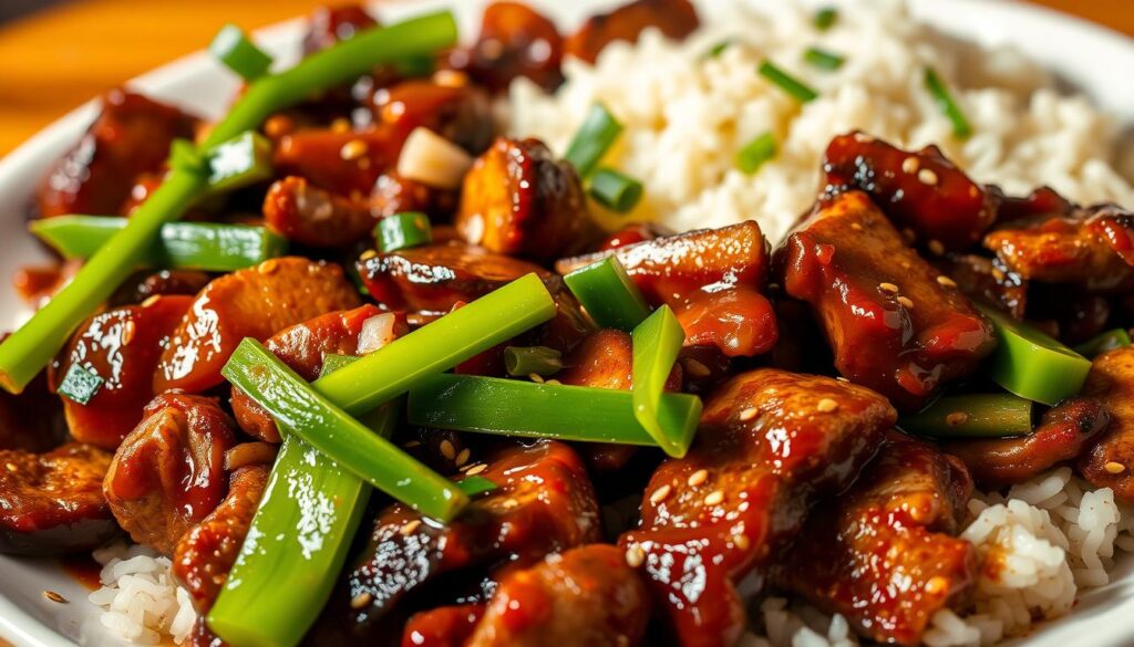 A plate of succulent Chinese-style pepper steak, glistening with a rich savory sauce. In the foreground, tender slices of juicy beef are seared to perfection, their edges caramelized. Vibrant green bell peppers and onion slivers are scattered among the meat, adding a pop of color and crunch. The middle ground features steamed white rice, its fluffy grains ready to soak up the flavorful sauce. Warm lighting casts a cozy glow over the entire scene, creating an inviting and mouthwatering atmosphere. A sprinkle of sesame seeds and scallions provides the final touch of authenticity to this classic Chinese pepper steak dish.