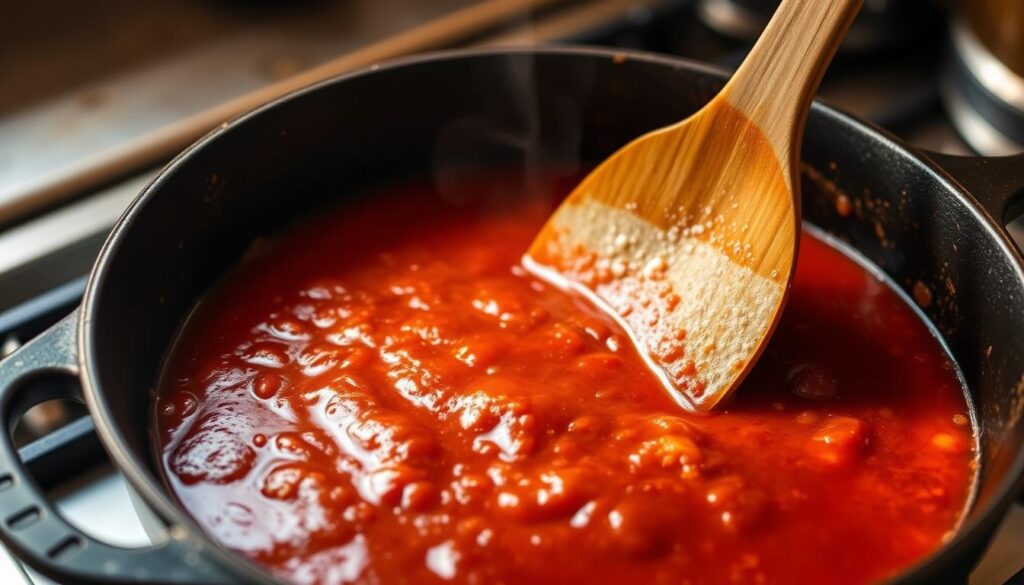 A rich, homemade red enchilada sauce simmers in a cast-iron skillet, its deep crimson hue glistening under warm, golden lighting. Fragrant aromas of toasted chili peppers, garlic, and earthy spices waft through the air, creating a cozy, inviting atmosphere. The sauce, thickened to a velvety consistency, gently bubbles on the stove, ready to be ladled over freshly rolled corn tortillas, transforming a simple dish into a true masterpiece of Southwestern cuisine. The image captures the essence of the homemade red enchilada sauce, showcasing its vibrant color, complex flavors, and the care and attention that goes into its preparation.