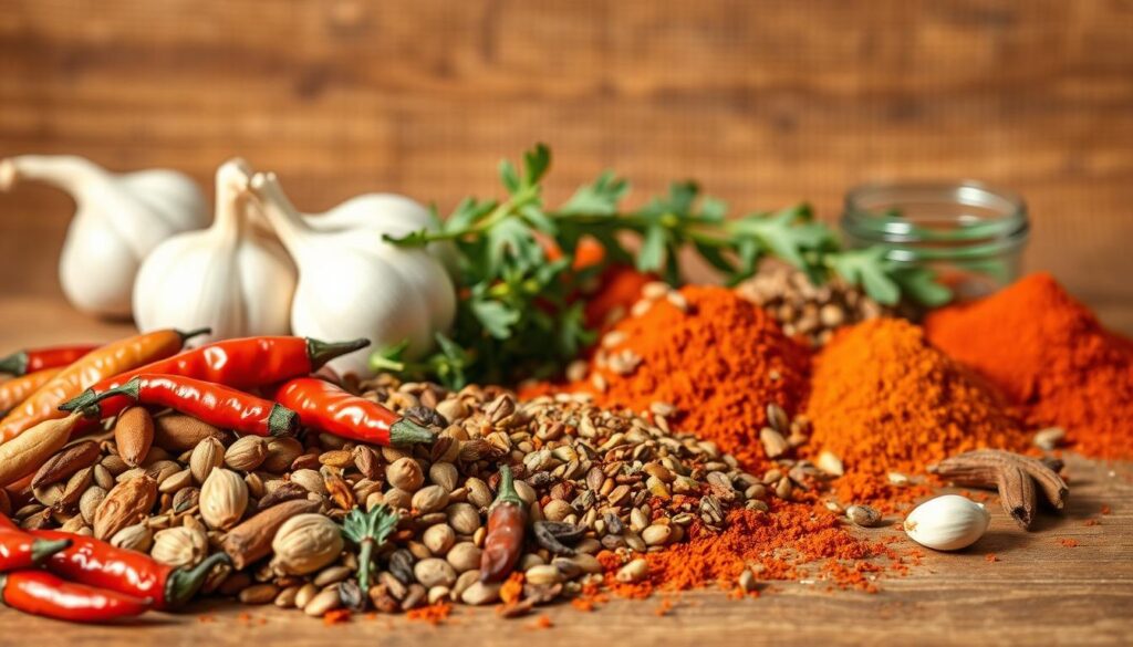 A rustic, artisanal chili spice mix set against a warm, earthy background. In the foreground, an assortment of whole spices - dried chili peppers, cumin seeds, coriander seeds, garlic cloves, and oregano sprigs - arranged in a visually appealing manner. The middle ground features an array of ground spices, like paprika, cayenne, and chili powder, spilling out from small jars or bowls. The background showcases a wooden surface, with a subtle burlap or linen texture, bathed in soft, natural lighting that casts gentle shadows, emphasizing the depth and texture of the ingredients. The overall composition conveys an authentic, homemade feel, reflecting the artisanal nature of the perfect chili seasoning recipe.