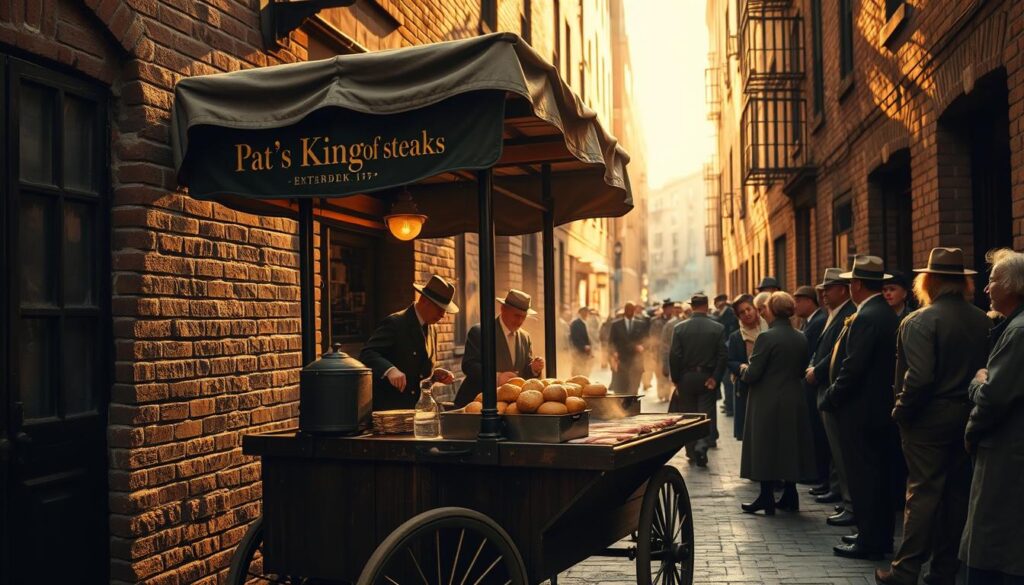 A rustic brick alleyway in downtown Philadelphia, circa 1930s. In the foreground, a vintage wooden pushcart stands, its awning emblazoned with the words "Pat's King of Steaks". A well-worn grill sizzles with thinly sliced beef and melted cheese, the scent of freshly baked rolls wafting through the air. Patrons in period attire gather around, eager to partake in the origins of the iconic Philly cheesesteak. Warm, golden sunlight filters through the alley, casting a nostalgic glow over the scene. The atmosphere is one of tradition, community, and the birth of a culinary legend.