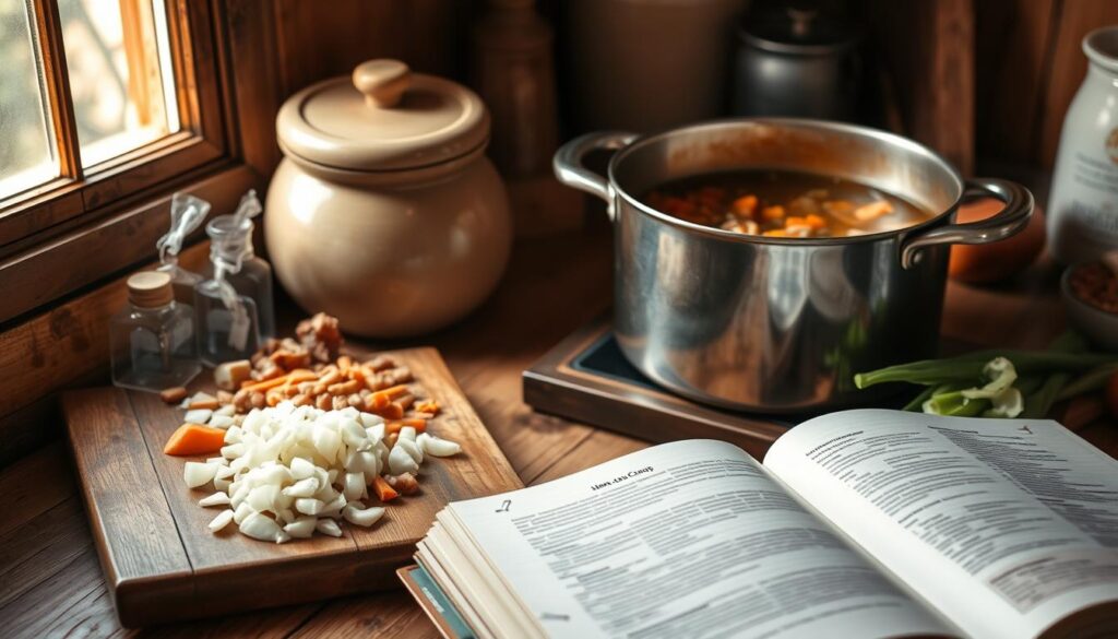 A rustic kitchen countertop, bathed in warm, natural light from a nearby window. In the foreground, a large pot simmers with a bubbling, fragrant ham and bean soup. Chunks of tender ham and vibrant beans float in the rich, savory broth. Nearby, a wooden cutting board displays freshly chopped onions, carrots, and celery - the aromatic foundation of the dish. A weathered cookbook lies open, its pages revealing the classic recipe. The scene conveys the comforting, homemade essence of this hearty, time-honored comfort food, inviting the viewer to imagine the delicious flavors and satisfying textures of the perfect ham and bean soup.