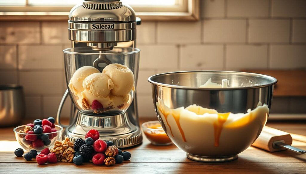 A rustic kitchen countertop with a vintage ice cream maker taking center stage. Soft natural light filters in, creating warm shadows and highlights. The machine's chrome exterior gleams, its internal mechanisms visible through the clear bowl. Beside it, a large stainless steel mixing bowl filled with a creamy, pale yellow ice cream base, ready to be churned. Fresh berries, chopped nuts, and a drizzle of caramel sauce await, ready to be folded in for a personalized touch. The scene exudes a sense of homemade, artisanal charm, inviting the viewer to imagine the delicious flavors and textures of freshly made ice cream.
