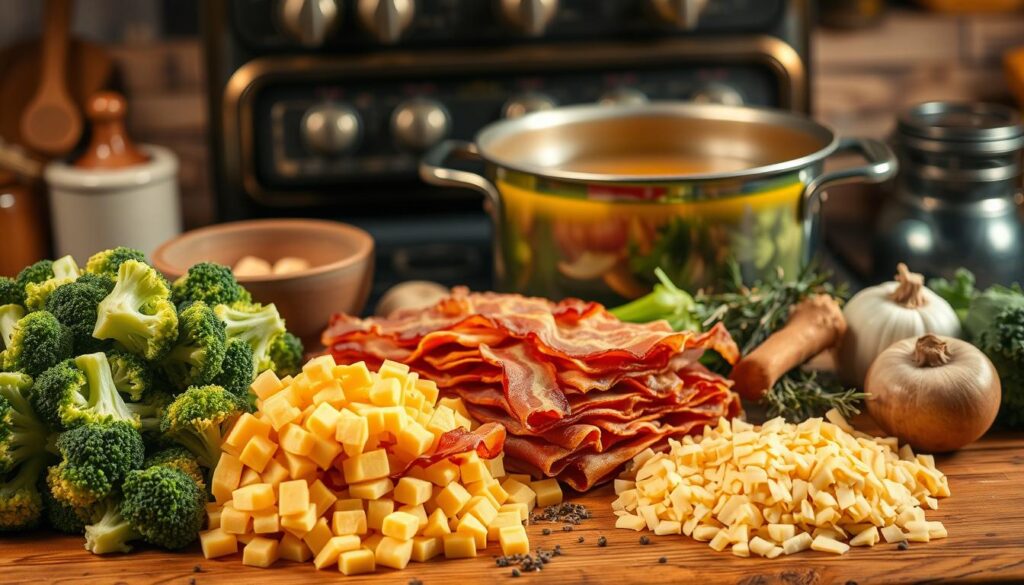 A rustic, wooden kitchen counter overflowing with the essential ingredients for a hearty broccoli casserole soup. In the foreground, freshly chopped broccoli florets, creamy cheddar cheese, and a stack of thick-cut bacon slices. In the middle ground, a large pot filled with simmering broth, surrounded by aromatic spices like garlic, onion, and thyme. The background features a vintage oven, casting a warm, golden glow across the scene, hinting at the comforting, homemade flavors to come. The overall mood is one of cozy, countryside charm, inviting the viewer to dive into the rich, nourishing essence of this classic dish.