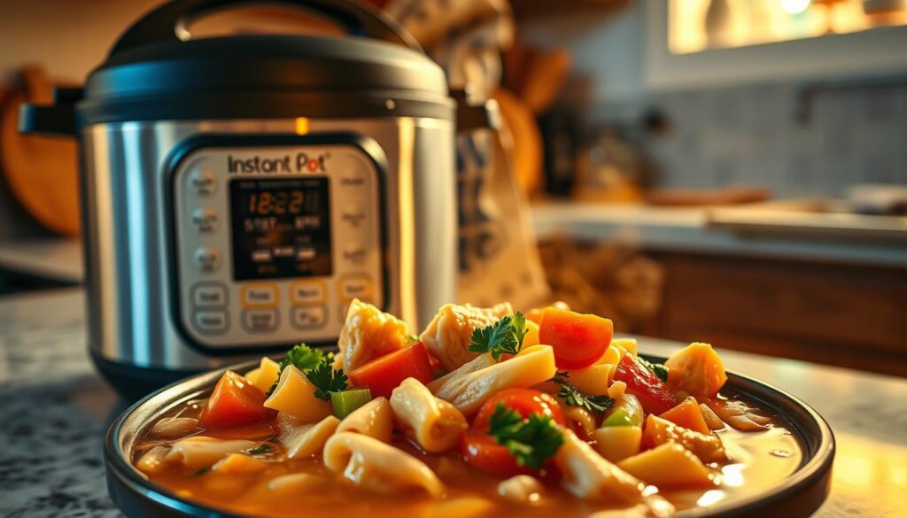A savory Instant Pot chicken noodle soup, steaming and fragrant, takes center stage against a backdrop of a cozy kitchen. In the foreground, tender chicken pieces, carrots, celery, and egg noodles mingle in a rich broth, topped with fresh parsley. The Instant Pot, with its brushed stainless steel exterior, sits prominently on the countertop, its lid open, revealing the simmering contents within. Warm, golden lighting casts a comforting glow, while the scene is framed by a tidy, well-equipped kitchen, hinting at the care and attention that went into this homemade, hearty soup.