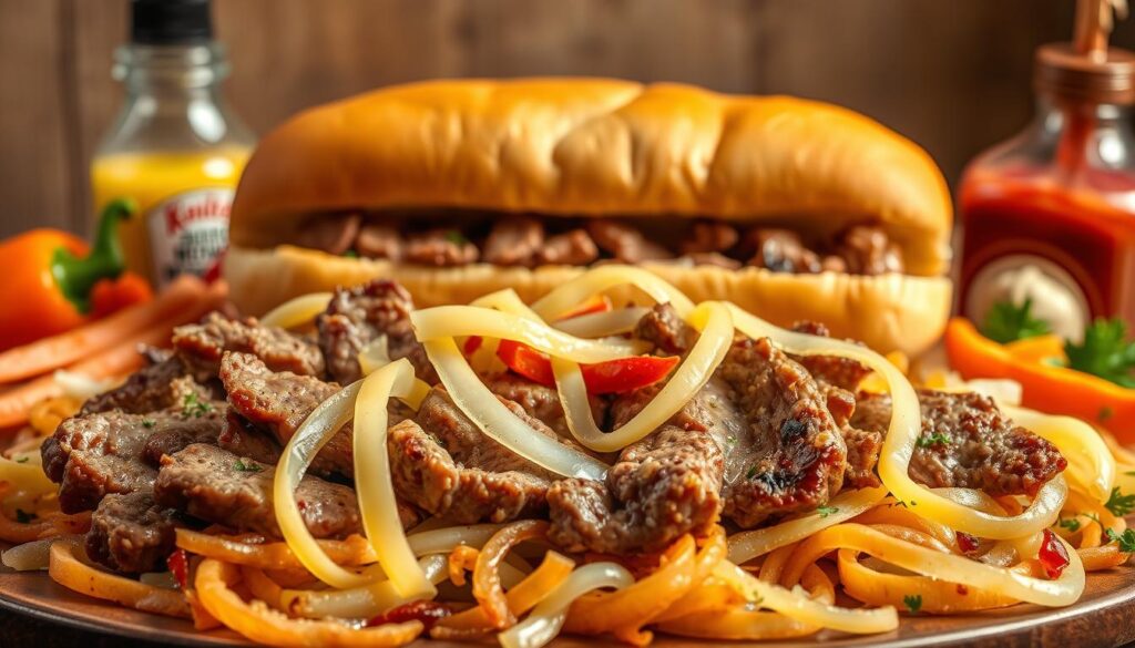 A scrumptious arrangement of essential Philly cheesesteak ingredients, captured in a warm, inviting still life. In the foreground, juicy slices of tender steak sizzle atop a bed of crisp, golden-brown onions. Cascading alongside are ribbons of melted, gooey provolone cheese, ready to ooze and drip. In the middle ground, a sturdy, fresh-baked hoagie roll stands tall, its interior lightly toasted and awaiting the flavorful filling. Framing the scene, an assortment of familiar condiments - zesty peppers, creamy mayonnaise, and tangy ketchup - set the stage for the perfect Philly cheesesteak experience. Warm, earthy lighting casts a inviting glow, capturing the mouthwatering essence of this iconic sandwich.