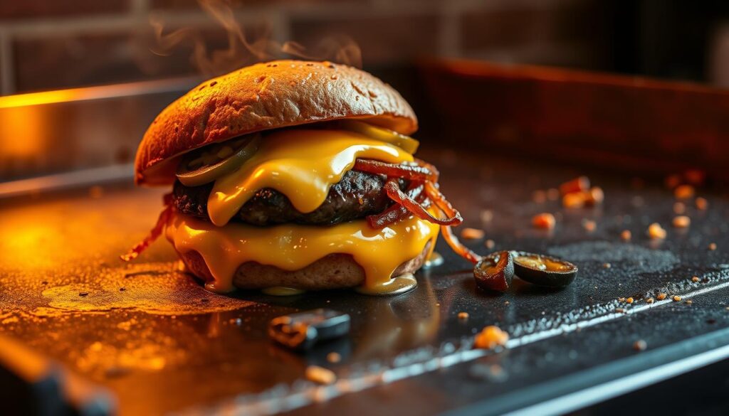 A sizzling smash burger sears on a gleaming Blackstone griddle, its edges crisp and caramelized. Melted cheddar cheese oozes over the patty, complemented by the tangy bite of pickled jalapeños and the sweet, deep brown of caramelized onions. The griddle is bathed in warm, golden light, casting a cozy glow over the scene. The burger's juices sizzle and steam, inviting the viewer to take a bite of this mouthwatering creation. The overall atmosphere is one of rustic indulgence, showcasing the power of a simple Blackstone griddle to transform humble ingredients into a truly crave-worthy dish.