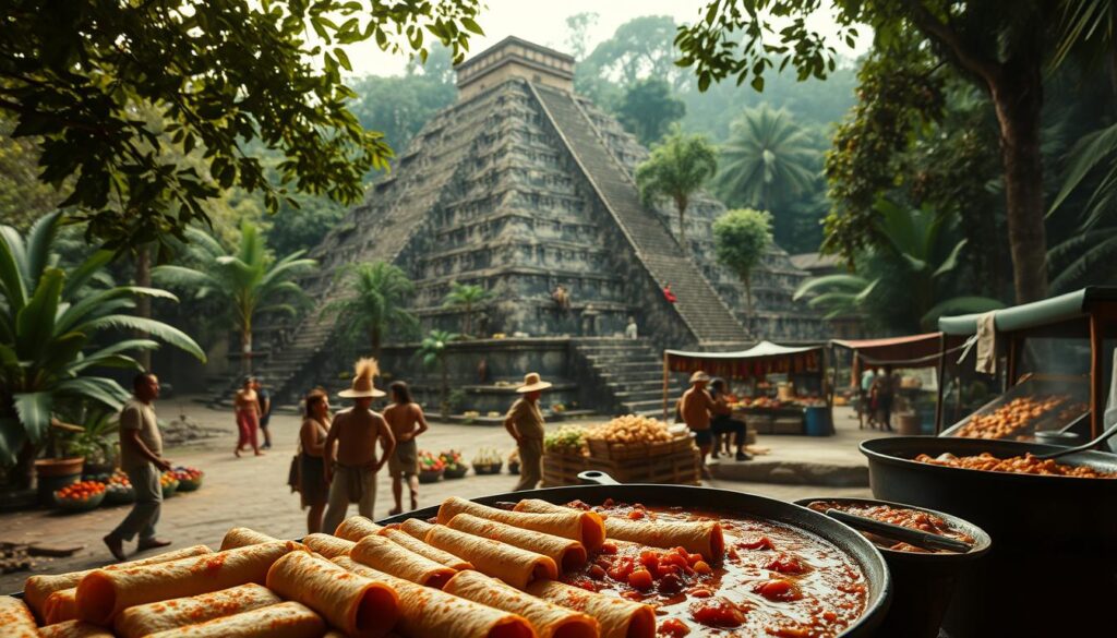 A sprawling pre-Columbian temple complex nestled amidst lush jungle foliage, the ancient origins of the Mexican enchilada are revealed. In the foreground, a group of indigenous cooks carefully prepare a mouthwatering array of delicately spiced, rolled corn tortillas, simmering in a rich, savory sauce. The middle ground showcases vibrant market stalls, where vendors offer an array of fresh, locally-sourced ingredients - chilies, tomatoes, onions, and aromatic herbs. In the background, towering stone pyramids and ornate carvings hint at the deep cultural traditions that birthed this iconic dish. Warm, golden lighting filters through the canopy, casting a timeless, mystical ambiance over the scene. A high-resolution, cinematic image captures the soul of Mexico's enchilada legacy. A sprawling pre-Columbian temple complex nestled amidst lush jungle foliage, the ancient origins of the Mexican enchilada are revealed. In the foreground, a group of indigenous cooks carefully prepare a mouthwatering array of delicately spiced, rolled corn tortillas, simmering in a rich, savory sauce. The middle ground showcases vibrant market stalls, where vendors offer an array of fresh, locally-sourced ingredients - chilies, tomatoes, onions, and aromatic herbs. In the background, towering stone pyramids and ornate carvings hint at the deep cultural traditions that birthed this iconic dish. Warm, golden lighting filters through the canopy, casting a timeless, mystical ambiance over the scene. A high-resolution, cinematic image captures the soul of Mexico's enchilada legacy.