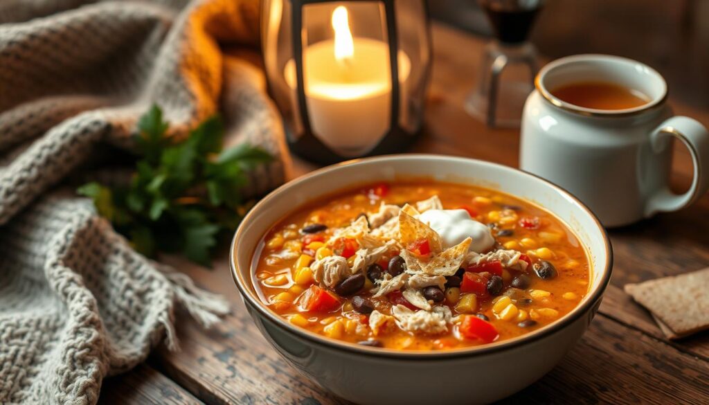 A steaming bowl of homemade chicken taco soup sits on a rustic wooden table, surrounded by cozy comfort items. The soup's rich, creamy broth is dotted with shredded chicken, diced tomatoes, corn, black beans, and aromatic spices. Crisp tortilla strips, a dollop of sour cream, and a sprinkle of shredded cheese add texture and flavor. Warm lighting from a nearby lamp casts a soft glow, creating an inviting, heartwarming atmosphere. In the background, a plush blanket and a mug of hot tea suggest this meal is the ultimate in comforting, nourishing sustenance on a chilly day.