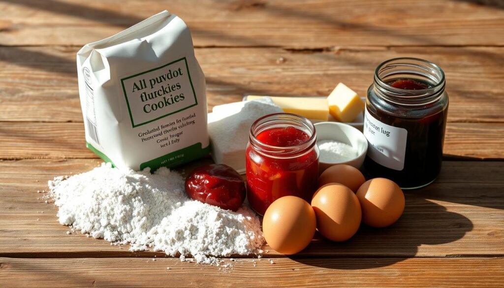 A still life arrangement of essential thumbprint cookie ingredients in natural daylight. On a rustic wooden table, a pile of all-purpose flour, granulated sugar, butter, eggs, and a jar of your favorite jam or preserves are neatly arranged. The lighting is soft and diffused, creating gentle shadows that accentuate the textures of the ingredients. The composition is balanced, with the ingredients strategically placed to draw the eye towards the center. The overall mood is one of simplicity, warmth, and the promise of freshly baked homemade cookies. A still life arrangement of essential thumbprint cookie ingredients in natural daylight. On a rustic wooden table, a pile of all-purpose flour, granulated sugar, butter, eggs, and a jar of your favorite jam or preserves are neatly arranged. The lighting is soft and diffused, creating gentle shadows that accentuate the textures of the ingredients. The composition is balanced, with the ingredients strategically placed to draw the eye towards the center. The overall mood is one of simplicity, warmth, and the promise of freshly baked homemade cookies.