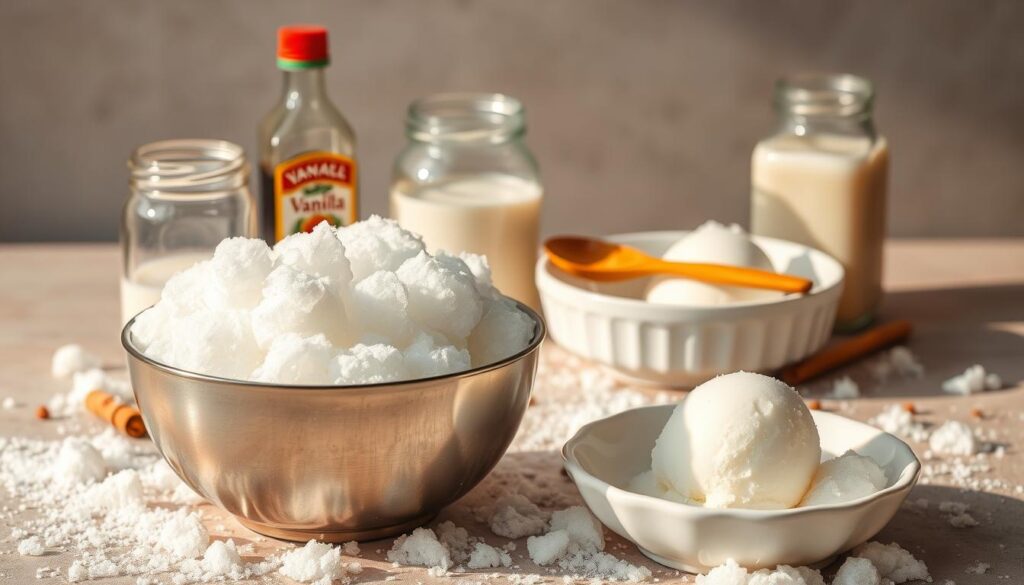 A still life arrangement showcasing the essential ingredients for making perfect snow ice cream. In the foreground, a stainless steel bowl filled with freshly fallen snow, glistening under warm, natural lighting. Surrounding the bowl, a scatter of ingredients including a glass jar of sweetened condensed milk, a bottle of vanilla extract, and a wooden spoon. In the middle ground, a white ceramic serving dish holds a scoop of the freshly churned snow ice cream, its icy texture and creamy texture evident. The background is a plain, neutral surface, allowing the vibrant colors and textures of the ingredients to take center stage. The overall mood is one of simplicity, purity, and the joy of winter's natural gifts. A still life arrangement showcasing the essential ingredients for making perfect snow ice cream. In the foreground, a stainless steel bowl filled with freshly fallen snow, glistening under warm, natural lighting. Surrounding the bowl, a scatter of ingredients including a glass jar of sweetened condensed milk, a bottle of vanilla extract, and a wooden spoon. In the middle ground, a white ceramic serving dish holds a scoop of the freshly churned snow ice cream, its icy texture and creamy texture evident. The background is a plain, neutral surface, allowing the vibrant colors and textures of the ingredients to take center stage. The overall mood is one of simplicity, purity, and the joy of winter's natural gifts.