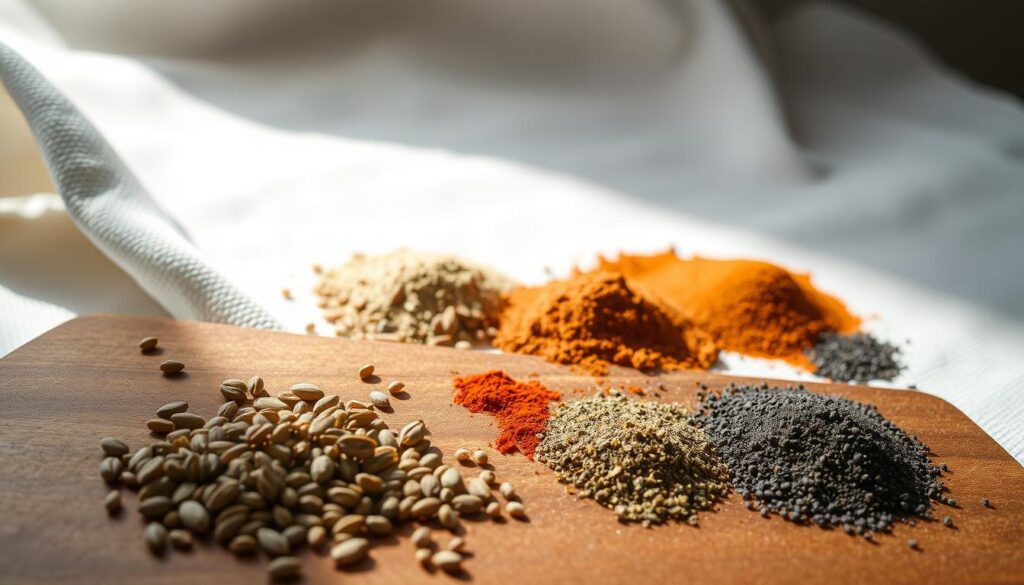 A still life capturing the essence of the perfect white chicken chili spice blend. In the foreground, an arrangement of whole spices - cumin seeds, coriander, dried oregano, and smoked paprika - neatly scattered across a wooden board. The middle ground features ground spices - chili powder, garlic powder, onion powder, and ground black pepper - piled in small mounds, casting intricate shadows. The background showcases a textured linen cloth, its crisp white hue highlighting the warm, earthy tones of the spices. Soft, natural lighting filters in from the side, casting a gentle glow and creating a sense of balance and harmony. The overall mood is one of culinary artistry, inviting the viewer to imagine the fragrant and flavorful white chicken chili that these perfectly calibrated spices will create.
