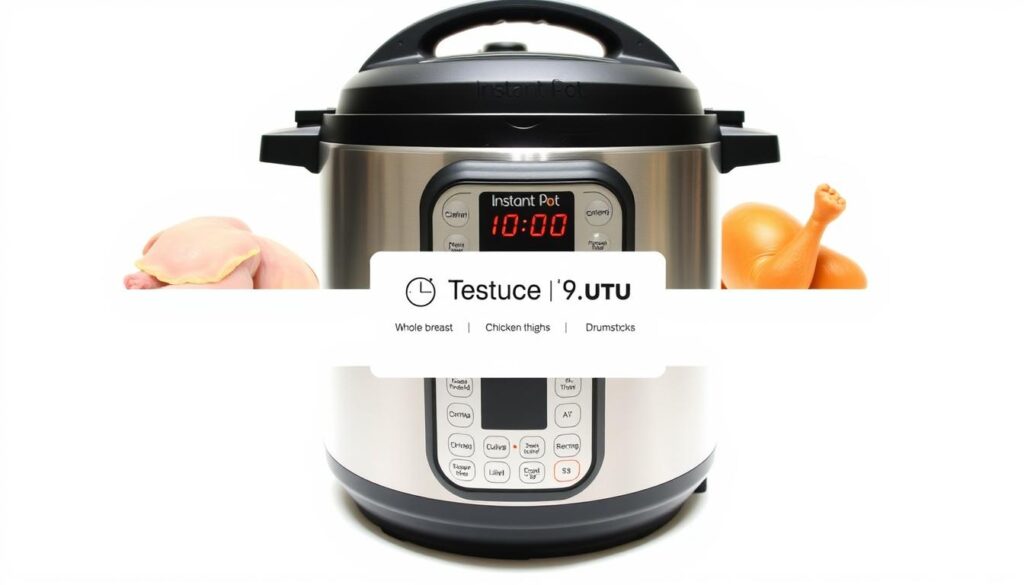 A stylized illustration of an Instant Pot cooking various chicken cuts, with a clean white background. In the foreground, the Instant Pot is prominently displayed, showcasing different chicken pieces such as whole chicken, chicken breasts, thighs, and drumsticks. The middle ground features a clean, minimalist design layout with simple icons or infographics indicating the pressure cooking times for each chicken cut. The background is subtly gradient, creating a sense of depth and focus on the central elements. The lighting is soft and directional, highlighting the textures and details of the Instant Pot and chicken. The overall mood is informative, yet visually appealing, suitable for an article section on understanding pressure cooking times for different chicken cuts.