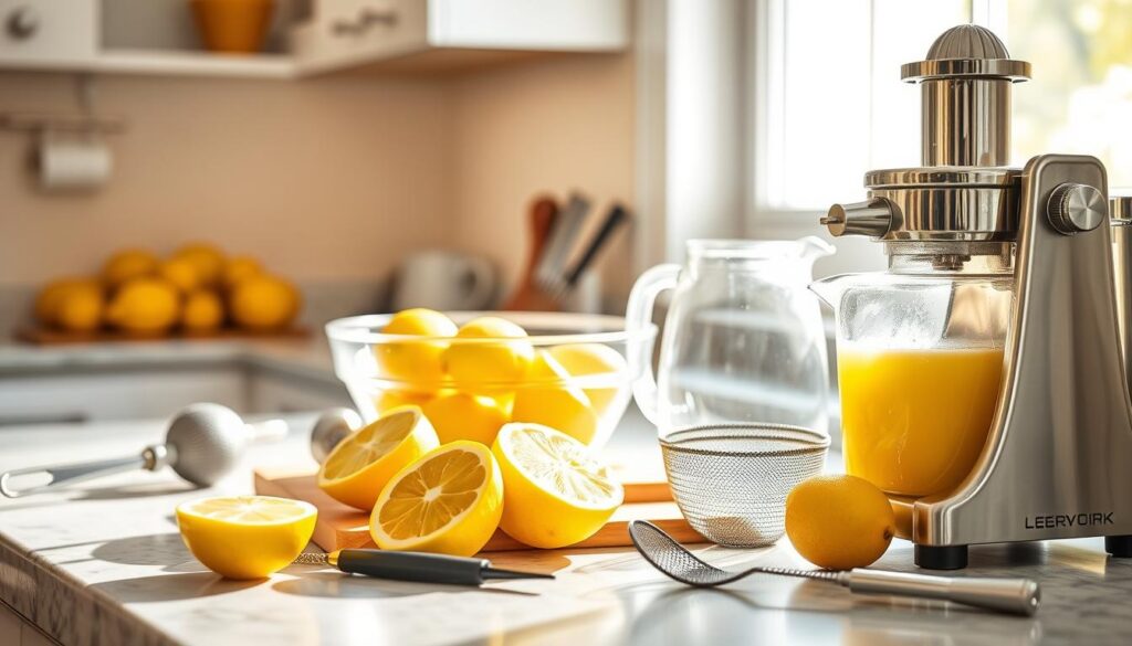 A sun-drenched kitchen countertop showcases a vibrant array of lemon juice equipment and ingredients. In the foreground, a sturdy manual juicer stands ready, its sleek chrome surface gleaming. Beside it, a glass pitcher awaits the fresh, tangy liquid. In the middle ground, a cutting board displays halved lemons, their bright yellow rinds contrasting with the glass bowl of freshly squeezed juice. Surrounding these, an assortment of kitchen tools - a zester, a fine-mesh strainer, and a citrus reamer - are neatly arranged, ready to extract every last drop of flavor. The background features a window letting in warm, natural light, casting a soft glow over the scene and creating a sense of warmth and culinary inspiration.