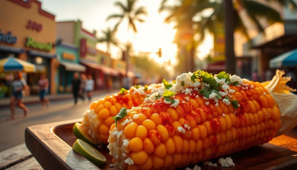 A vibrant Mexican street corn delicacy, bathed in a creamy, tangy sauce, sprinkled with crumbled cotija cheese, paprika, and fresh cilantro. The plump, juicy kernels glisten under the warm, golden light of a setting sun, casting a soft, inviting glow. In the foreground, the corn rests on a rustic wooden platter, surrounded by a few scattered lime wedges. The middle ground reveals a bustling street scene, with colorful storefronts and pedestrians strolling by. In the background, the silhouettes of towering palm trees sway gently, completing the quintessential Mexican ambiance.