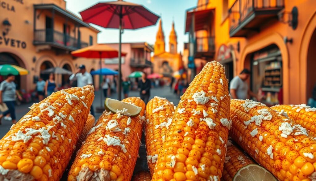 A vibrant Mexican street scene, with a prominent display of freshly grilled "elote" - ears of corn slathered in a creamy, tangy sauce, sprinkled with crumbled cotija cheese, and garnished with a squeeze of lime and a dusting of chili powder. The foreground captures the texture and enticing aroma of the glistening corn, while the middle ground showcases a bustling street vendor with a small charcoal grill, surrounded by colorful umbrellas and local pedestrians. The background features the iconic architecture of a Mexican town, with warm terracotta roofs, wrought-iron balconies, and the distant silhouette of a church spire. The overall scene is bathed in the golden glow of the late afternoon sun, creating a vibrant, lively, and authentic representation of this beloved cultural delicacy.