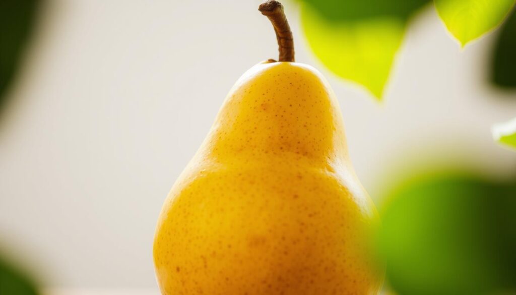 A vibrant and juicy pear, its golden skin glistening under soft, natural lighting. The pear is the focal point, positioned centrally in the frame, with a blurred background suggesting a serene, minimalist setting. The composition showcases the pear's freshness and alludes to its health benefits, emphasizing its nutritional value. Hints of green leaves or foliage may subtly frame the pear, creating a sense of vitality and organic connection. The overall mood is one of simplicity, clarity, and the inherent goodness of this refreshing fruit juice.