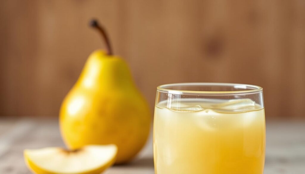 A vibrant pear against a blurred background, bathed in warm, natural lighting that highlights its juicy, golden-green hue. In the foreground, a transparent glass filled with a refreshing pear juice, its surface gently rippled, reflecting the pear's shape. The composition conveys a sense of health and vitality, inviting the viewer to experience the digestive benefits of this nutrient-rich fruit. The scene is captured with a shallow depth of field, drawing the eye to the central pear and juice elements. An airy, serene atmosphere permeates the image, creating a calming, restorative mood.
