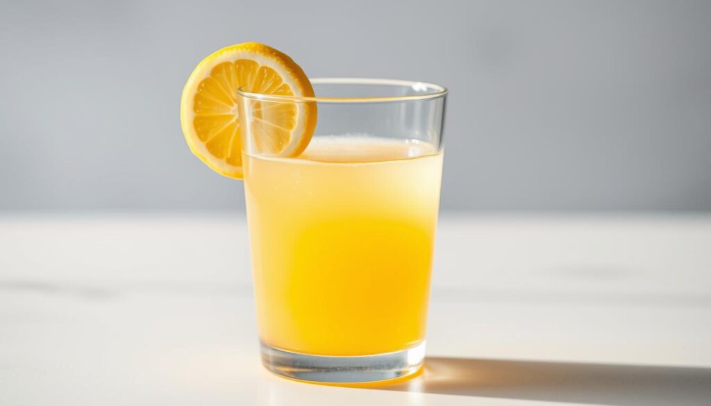 A vibrant, photorealistic close-up shot of freshly squeezed lemon juice in a glass, showcasing its natural golden hue and reflecting the benefits of this citrus superfood. The glass is placed on a clean, minimalist surface, allowing the juice to be the focal point. Soft, diffused lighting from the side illuminates the liquid, creating a sense of depth and highlighting its transparency. The overall composition emphasizes the purity, refreshing quality, and health-promoting properties of lemon juice, inviting the viewer to experience its rejuvenating power.