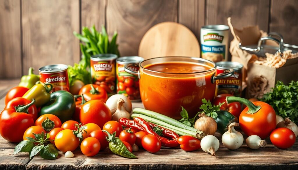 A vibrant still life arrangement showcasing the essential ingredients for a comforting Chicken Taco Soup. In the foreground, a rustic wooden table is adorned with a variety of colorful vegetables - juicy tomatoes, crisp bell peppers, and aromatic onions. In the middle ground, a large pot filled with a rich, simmering broth is flanked by cans of diced tomatoes, chili peppers, and shredded chicken. The background is softly illuminated, casting a warm, inviting glow over the scene. Subtle shadows and highlights accentuate the texture and depth of the ingredients, creating a sense of depth and atmosphere. The overall composition is balanced and harmonious, reflecting the heartwarming essence of the Chicken Taco Soup.