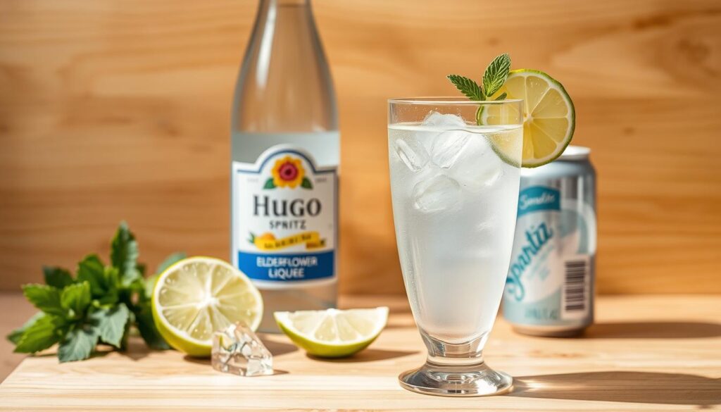 A vibrant still life featuring the essential ingredients for a classic Hugo Spritz cocktail. In the foreground, a glass filled with crisp Prosecco and a generous slice of freshly cut lime. Beside it, a sprig of fragrant mint and a few ice cubes. In the middle ground, a bottle of elderflower liqueur and a half-filled can of sparkling water, their labels clearly visible. The background is a wooden surface, its natural grain and texture adding warmth and depth to the composition. Soft, natural lighting casts gentle shadows, emphasizing the transparency of the glassware and the freshness of the ingredients. An inviting, sophisticated scene that captures the refreshing essence of the Hugo Spritz.