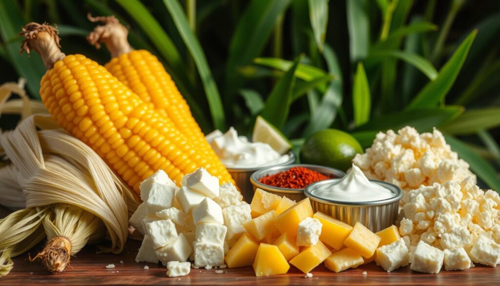 A vibrant still life showcasing the essential ingredients for authentic Mexican street corn. In the foreground, crisp ears of fresh yellow corn, husks partially peeled back to reveal the plump kernels. Nearby, a pile of crumbly queso fresco, its white cubes glistening. In the middle ground, a colorful array of condiments - zesty lime wedges, tangy sour cream, and a small ramekin of smoky paprika. The background is filled with a verdant backdrop of lush green leaves, evoking the vibrant outdoor markets where this beloved street food is sold. Soft, natural lighting bathes the scene, casting subtle shadows and highlights that enhance the textures and colors. Shot with a close, intimate lens to draw the viewer into the mouthwatering display.
